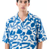 Man Abstract Blue Wave Print Half Sleeve Shirt